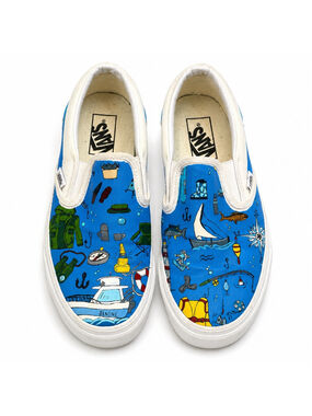 Custom Vans Slip-On Blue Nautical Fishing Boat Hand Painted Shoes Women’s 9